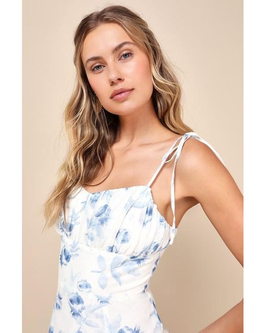 Lulus Blue Airy Romance Floral Print Tiered Tie-Strap Midi Dress