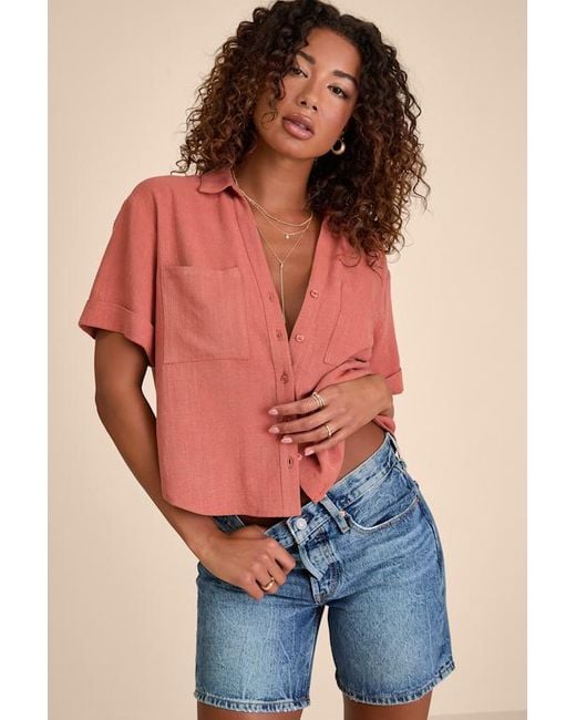 Lulus Brown Summer Escapades Linen Collared Button-Up Top