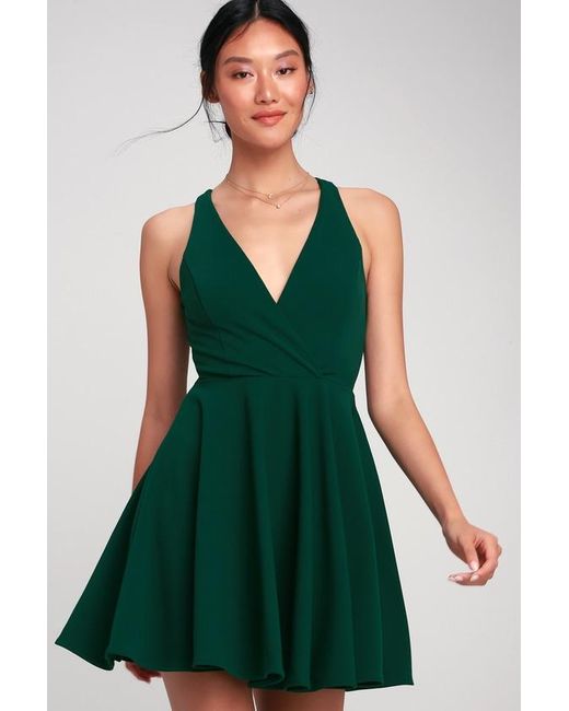 Lulus Green Wonder Whirl Dark Twist Back Skater Dress