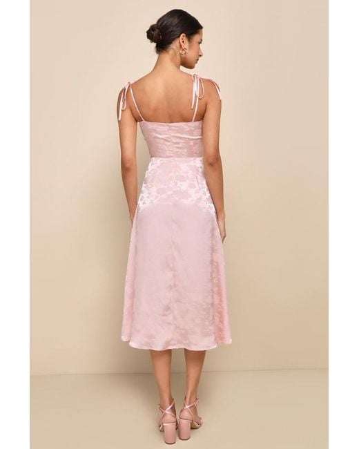 Lulus Pink Ethereal Muse Satin Jacquard Embroidered Midi Dress
