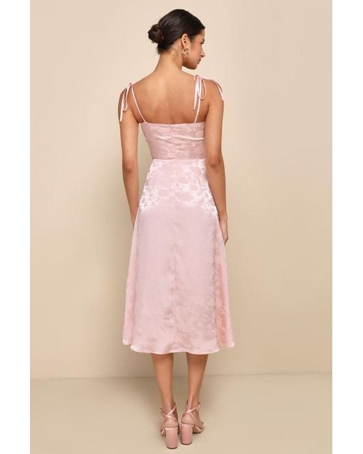 Lulus Pink Ethereal Muse Light Satin Jacquard Embroidered Midi Dress