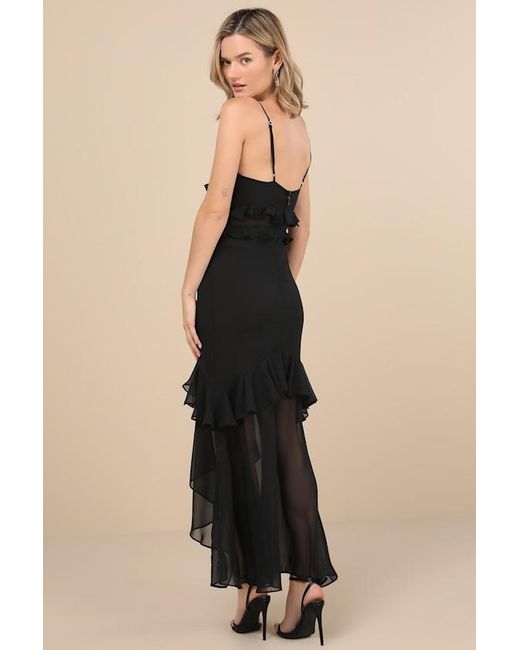 Rare London Black Pavani Sheer Chiffon Ruffled High-Low Midi Dress