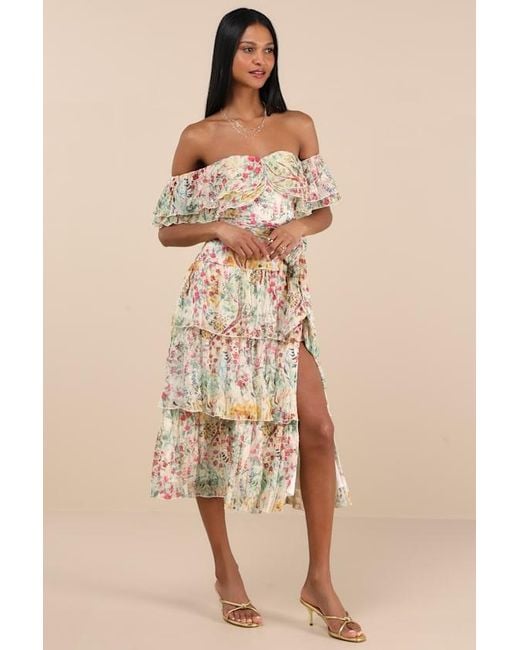 Lulus Natural Lucella Floral Tiered Off-The-Shoulder Midi Dress