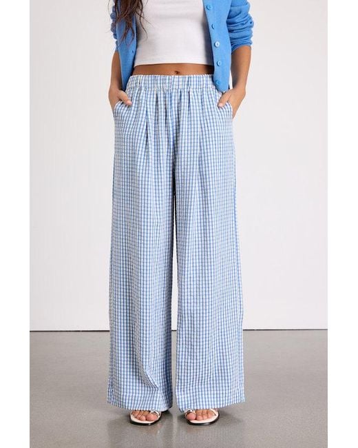Lulus Blue Tilly Gingham Mid-Rise Wide-Leg Pants