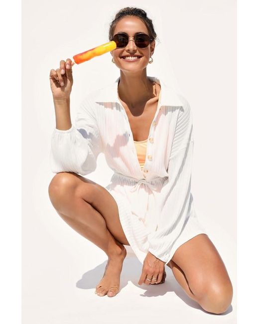 Lulus White Oasis Awaits Ribbed Button-Up Mini Swim Cover-Up