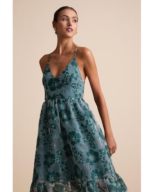 Lulus Blue Feeling Like Forever Jacquard Organza Lace-Up Midi Dress