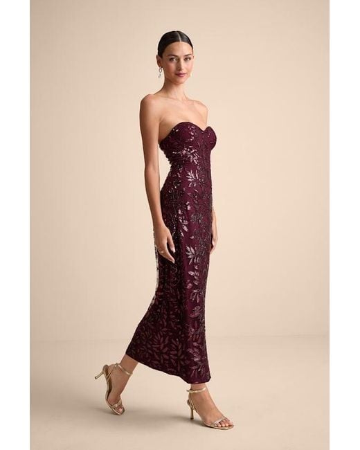Lulus Red Beyza Sequin Beaded Strapless Midi Dress