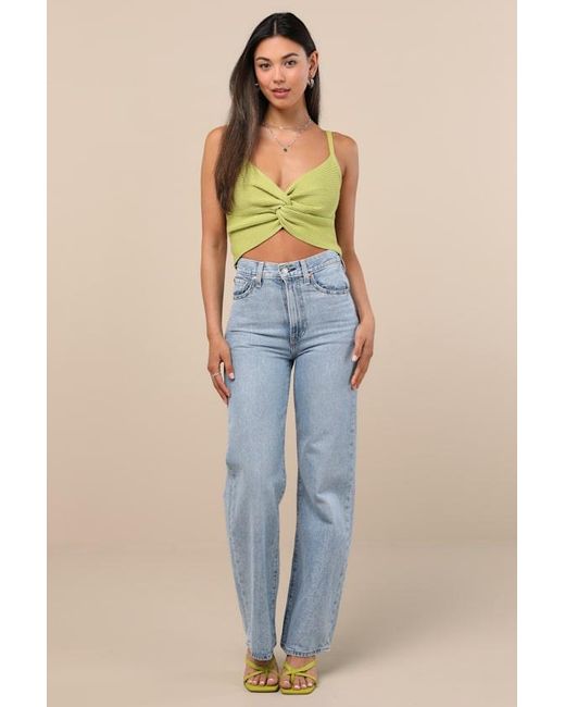 Lulus Green Melika Lime Ribbed Knotted Crop Tank Top