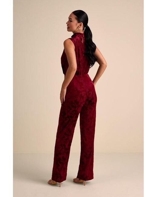 Lulus Red Micola Velvet Jacquard Mock Neck Jumpsuit