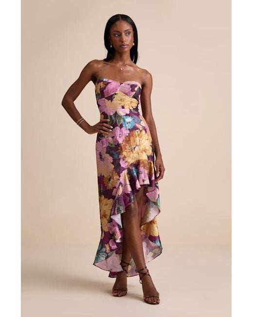 Lulus Pink Blushing Darling Plum Multi Floral Strapless High-Low Maxi Dress