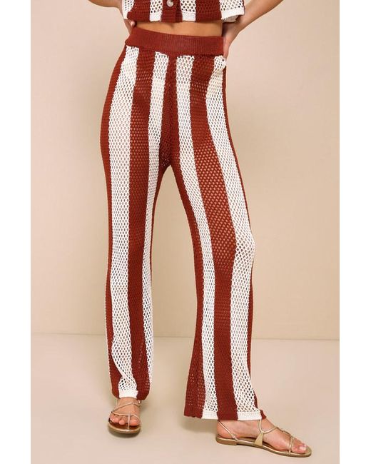 Lulus Natural Trendy Oasis Striped Sheer Crochet High-Rise Pants