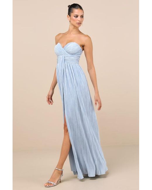Lulus Blue Oswin Satin Plisse Strapless Maxi Dress