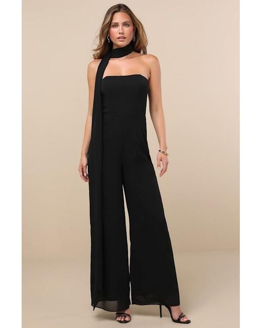 Lulus Black Kavina Wide-Leg Jumpsuit And Scarf Set