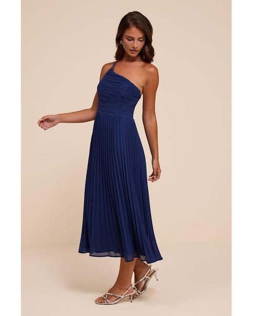 Lulus Blue Wondrous Muse Pleated One-Shoulder Midi Dress