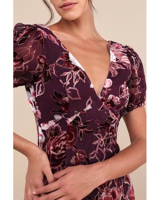 Lulus Pink Loving Approach Velvet Burnout Puff Sleeve Midi Dress