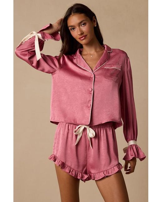 Lulus Pink Kelda Satin Ruffled Two-Piece Pajama Set