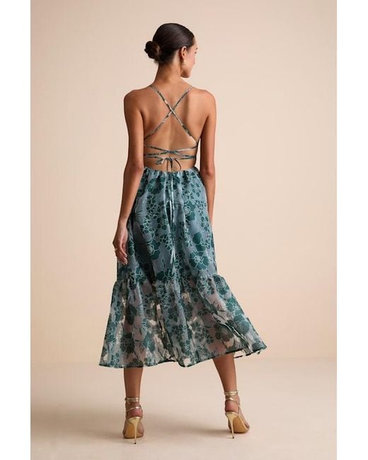 Lulus Blue Feeling Like Forever Jacquard Organza Lace-Up Midi Dress