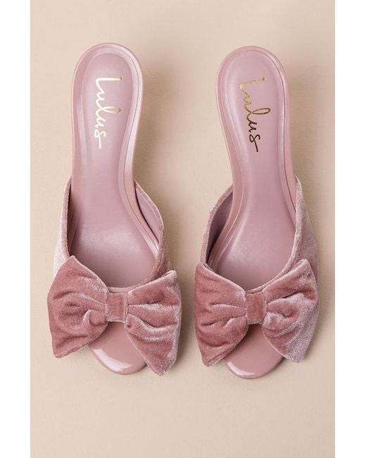 Lulus Pink Kendyl Blush Velvet Bow High Heel Slide Sandals