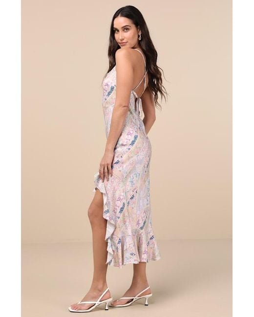 Lulus Natural Hitomi Multi Scarf Print Lace-Up Ruffled Midi Dress