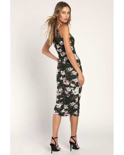 Lulus Green V.I.P. Treatment Floral Mesh Ruched Bodycon Midi Dress
