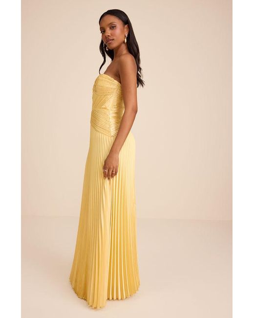 Lulus Yellow Elkay Pleated Satin Drop Waist Maxi Dress
