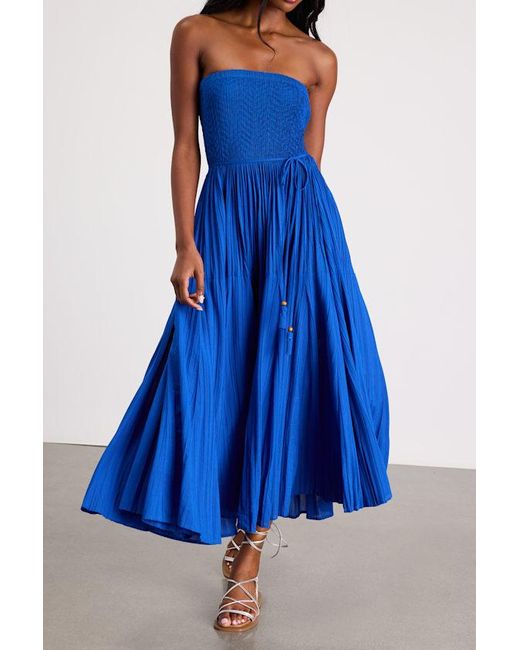 Lulus Blue Altana Pleated Strapless Midi Dress