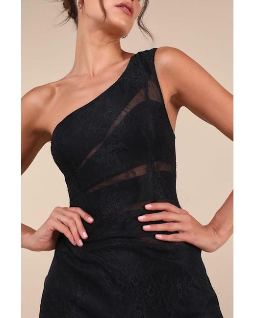 Lulus Black Sensational Flirt Sheer Lace One-Shoulder Maxi Dress