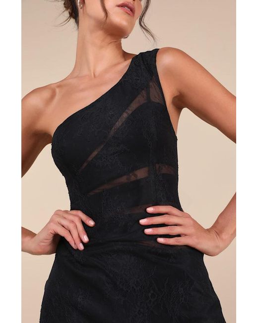 Lulus Black Sensational Flirt Sheer Lace One-Shoulder Maxi Dress