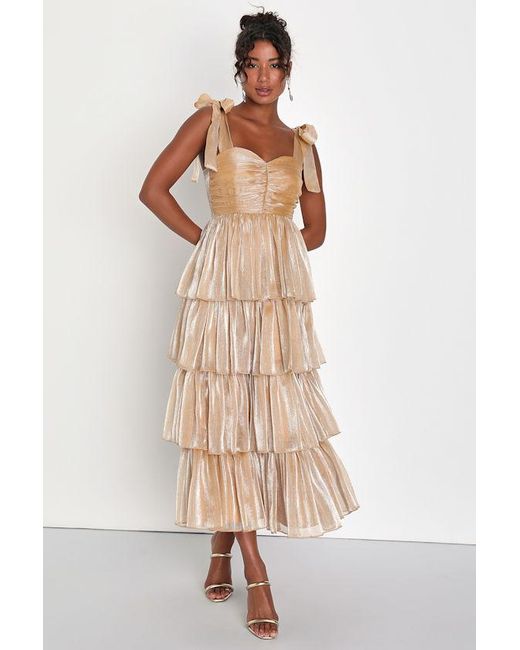Lulus Natural Radiant Arrival Shiny Organza Tiered Tie-Strap Maxi Dress