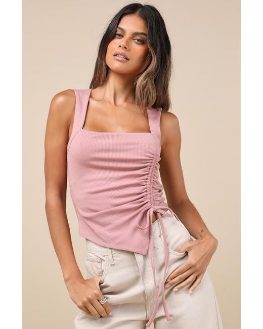 Lulus Pink Certainly Flirty Ribbed Ruched Square Neck Tank Top