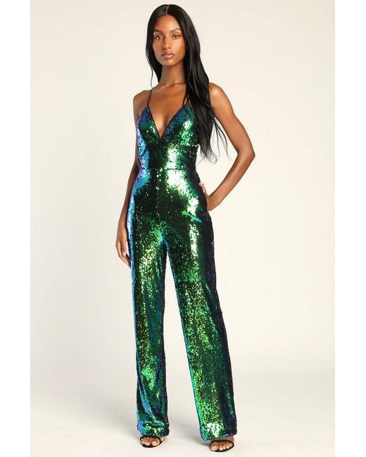 Lulus Green Fierce Shine Iridescent Sequin Lace-Up Jumpsuit