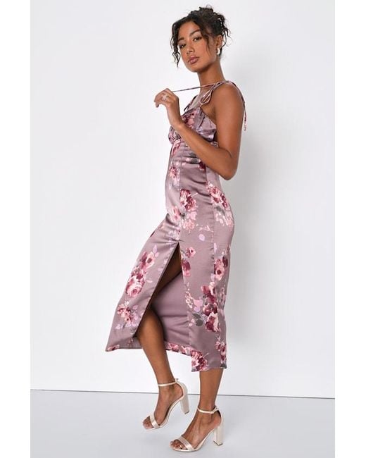 Lulus Red Fleur-Ty Behavior Floral Satin Tie-Strap Midi Dress