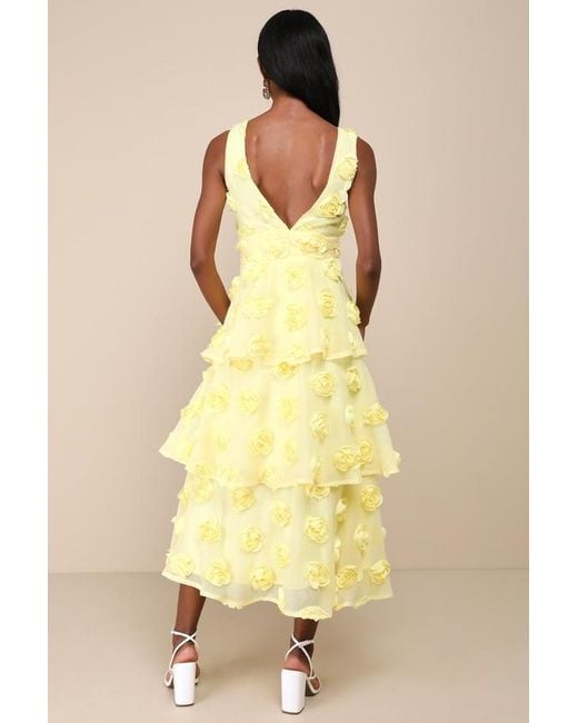 Lulus Yellow Exceptional Entrance Sleeveless Tiered Rosette Midi Dress