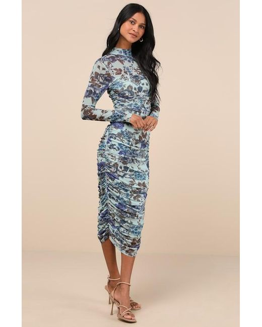 Lulus Blue Impressive Flirt Floral Mesh Ruched Mock Neck Midi Dress