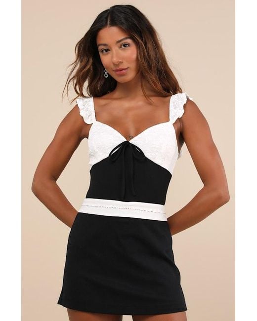 Lulus Black Marvelous Sweetie Ivory And Lace Ruffled Bow Bodysuit