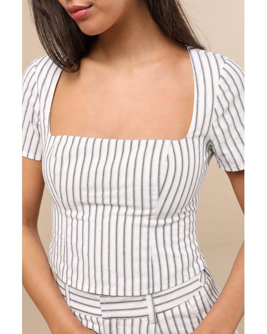 Lulus White Danai And Slate Striped Short Sleeve Crop Top