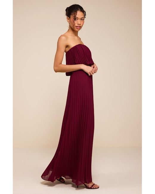Lulus Red Arietta Plum Pleated Strapless Maxi Dress