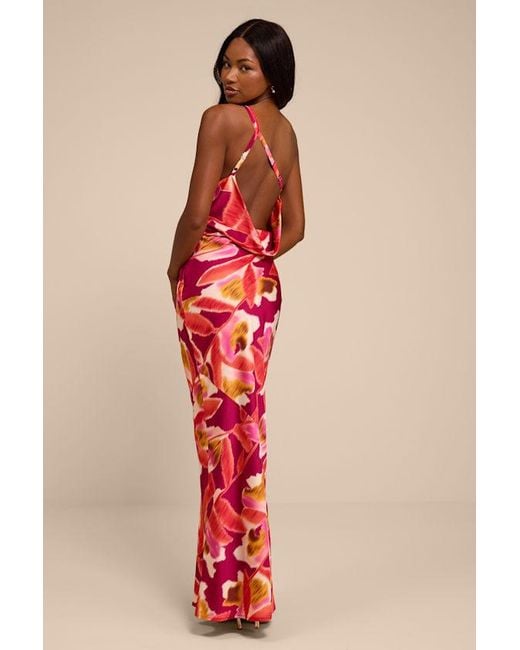 Lulus Red Sandria Multi Floral Satin One-Shoulder Maxi Dress