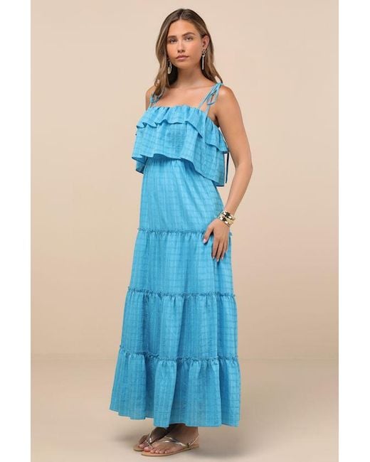 Lulus Blue Inaya Aqua Textured Tie-Strap Tiered Maxi Dress