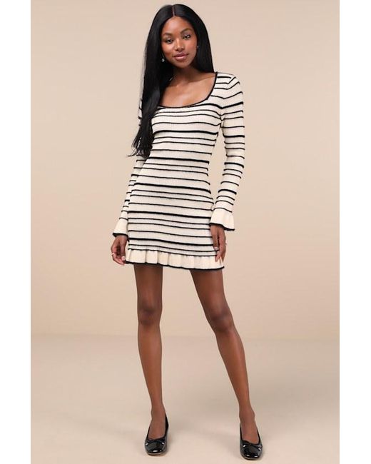 Lulus Gray Cozy Outlook Fuzzy Striped Long Sleeve Sweater Mini Dress