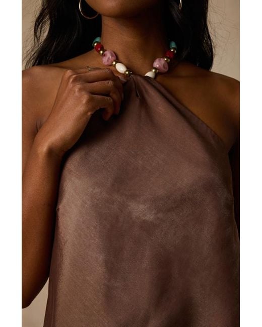 Lulus Brown Clarice Metallic Beaded Halter Top