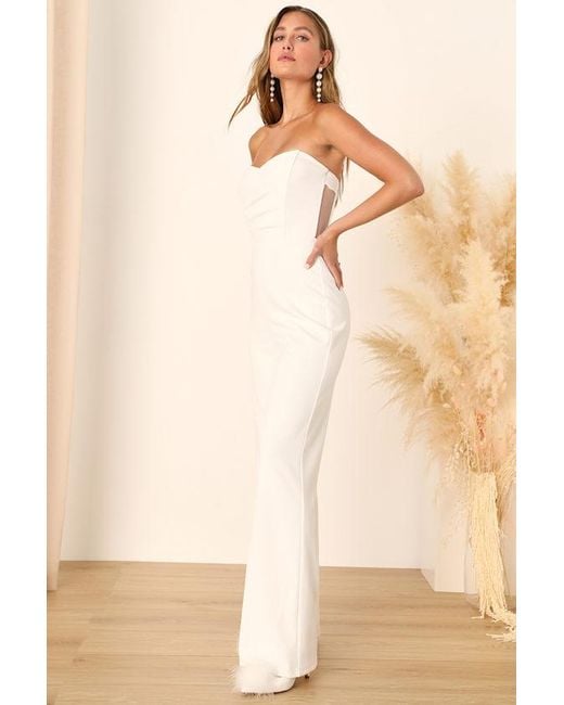 Lulus Natural Fashionista Nights Strapless Bustier Wide-Leg Jumpsuit