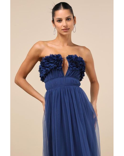 Lulus Blue Chic Spectacle 3D Applique Strapless Maxi Dress