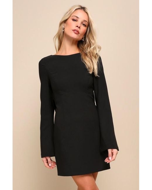Lulus Black Elegant Cutie Bow Long Sleeve Backless Mini Dress