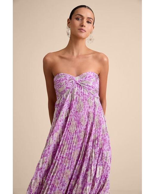 Lulus Purple Lynwen Abstract Pleated Strapless Maxi Dress