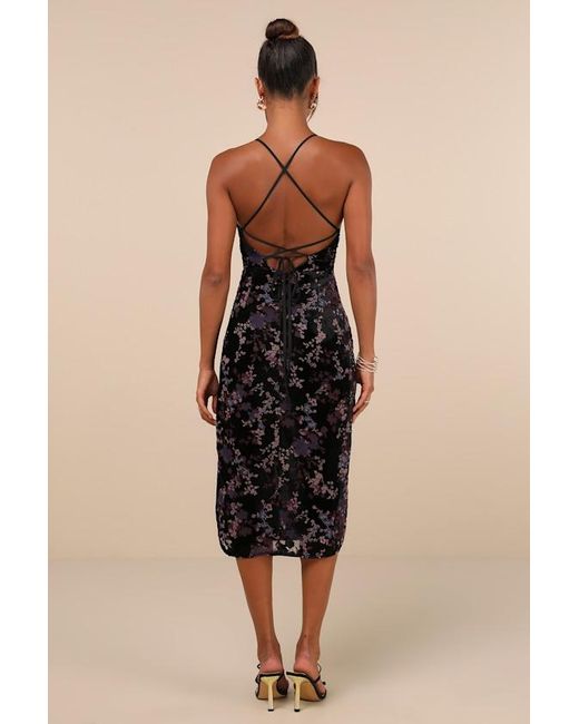 Lulus Black Elegant Persuasion Burnout Velvet Lace-Up Midi Dress