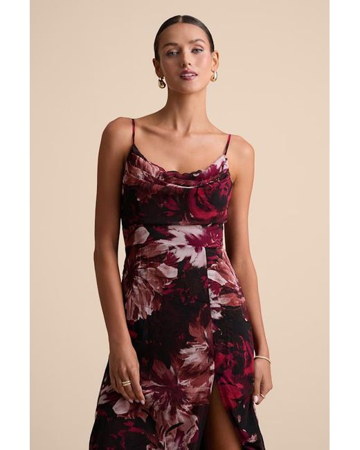 Lulus Red Flowery Passion Floral Print Cowl Neck Midi Dress