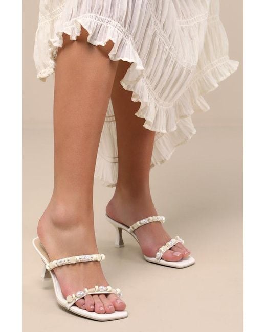 Dolce Vita Natural Grason Leather Pearl Beaded High Heel Slide Sandals
