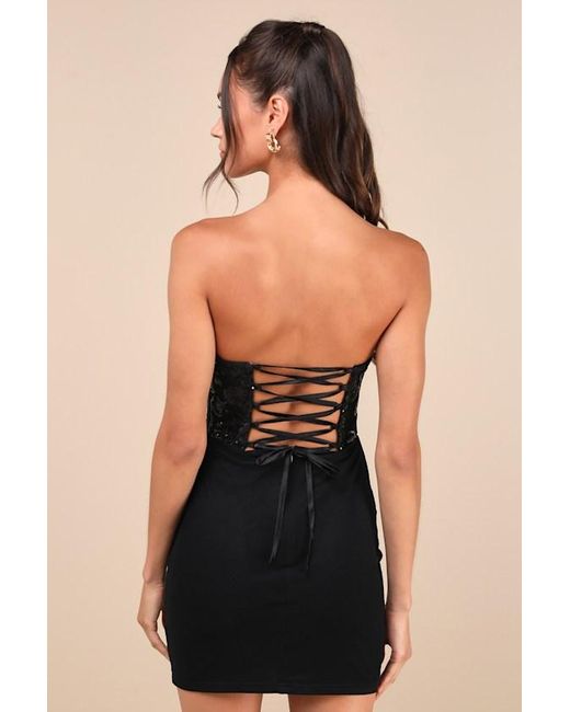 Lulus Black Exquisite Allure Mesh Sequin Strapless Bustier Mini Dress