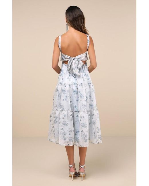 Lulus Blue Marvelously Darling Floral Tiered Backless Midi Dress